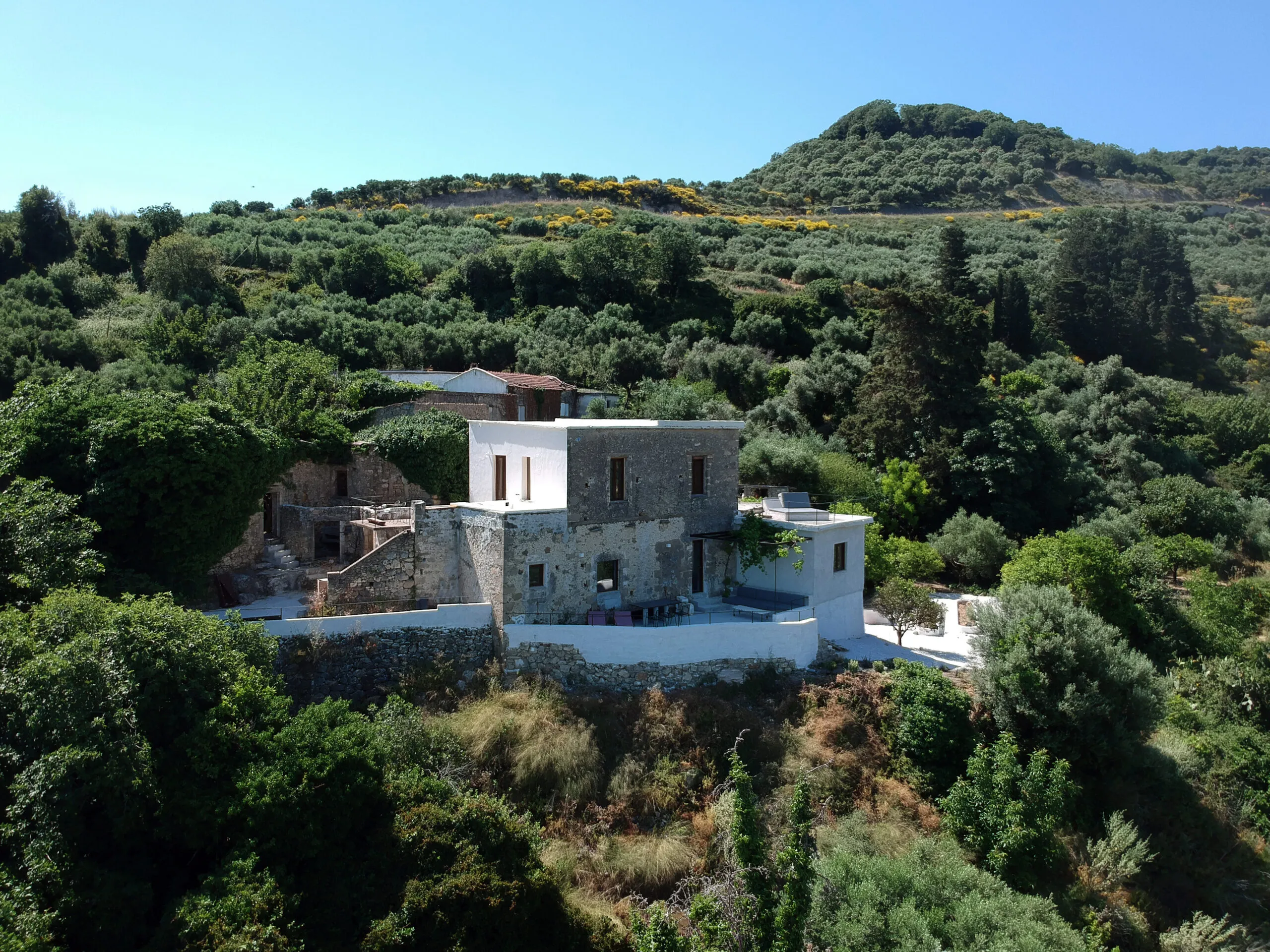 Aerial view of Anasa House nestled in the Cretan countryside